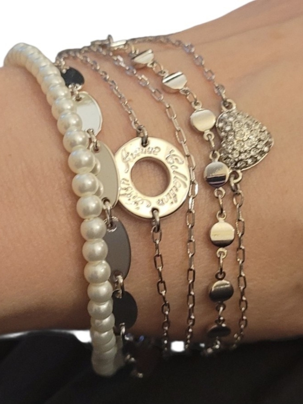 Silver 6-Layer Crystl Heart & Pearl Bracelet